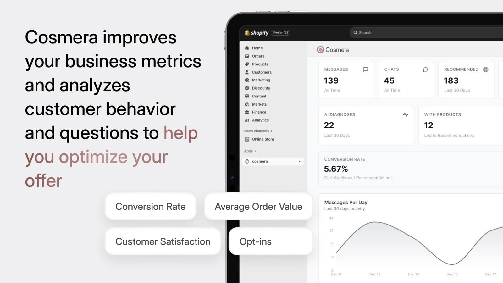 Cosmera — conversion dashboard in the Shopify admin