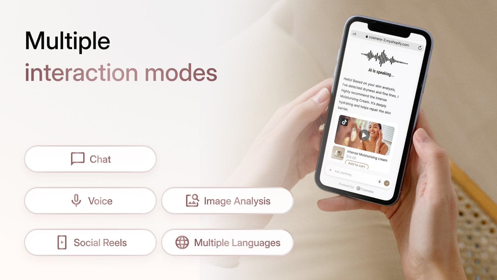 Cosmera — chat, voice, image analysis, reels and multilingual modes