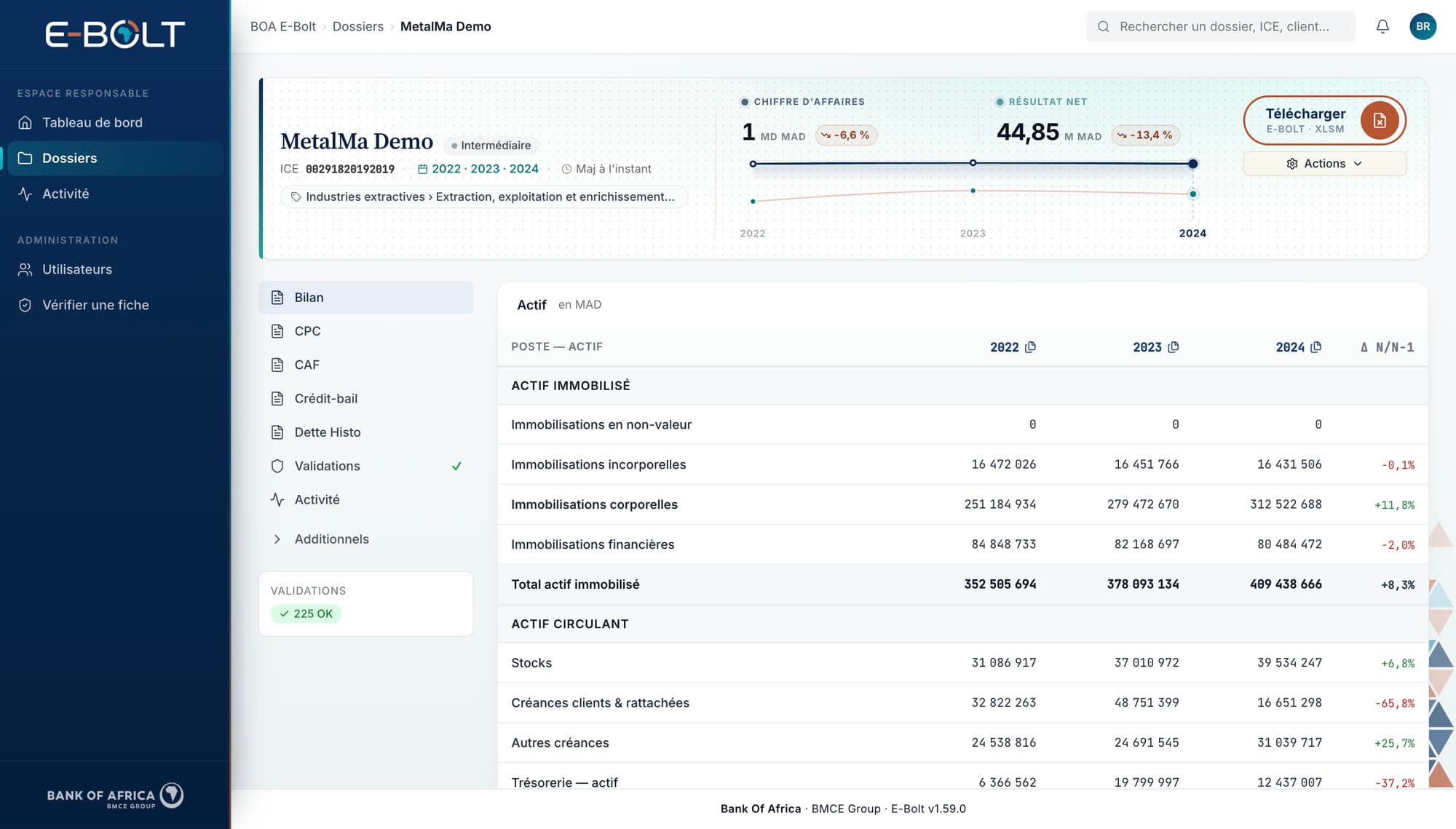 E-Bolt — a file with the balance sheet over three fiscal years, validations and export