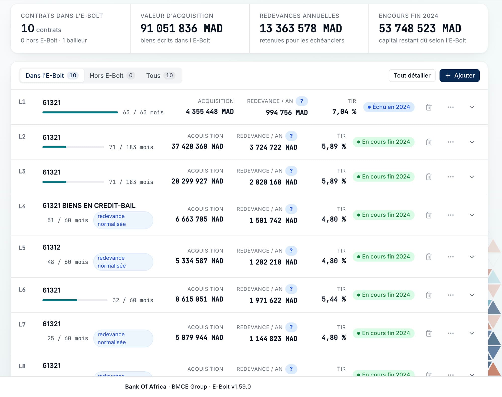 E-Bolt — the leasing view with contracts, payments, rates and outstanding balance