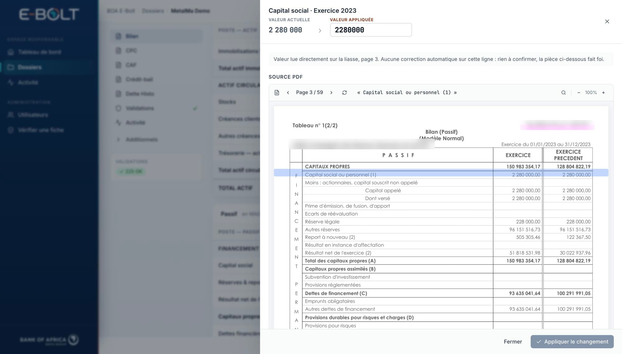 E-Bolt — the verification panel for a value with the filing's source page highlighted