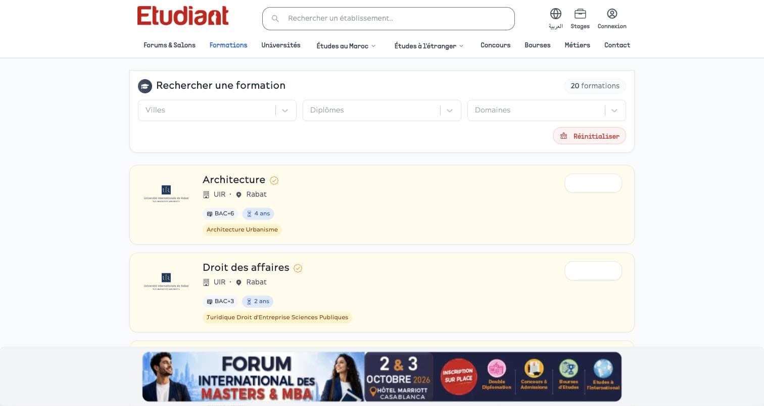 Etudiant.ma — recherche de formations avec filtres