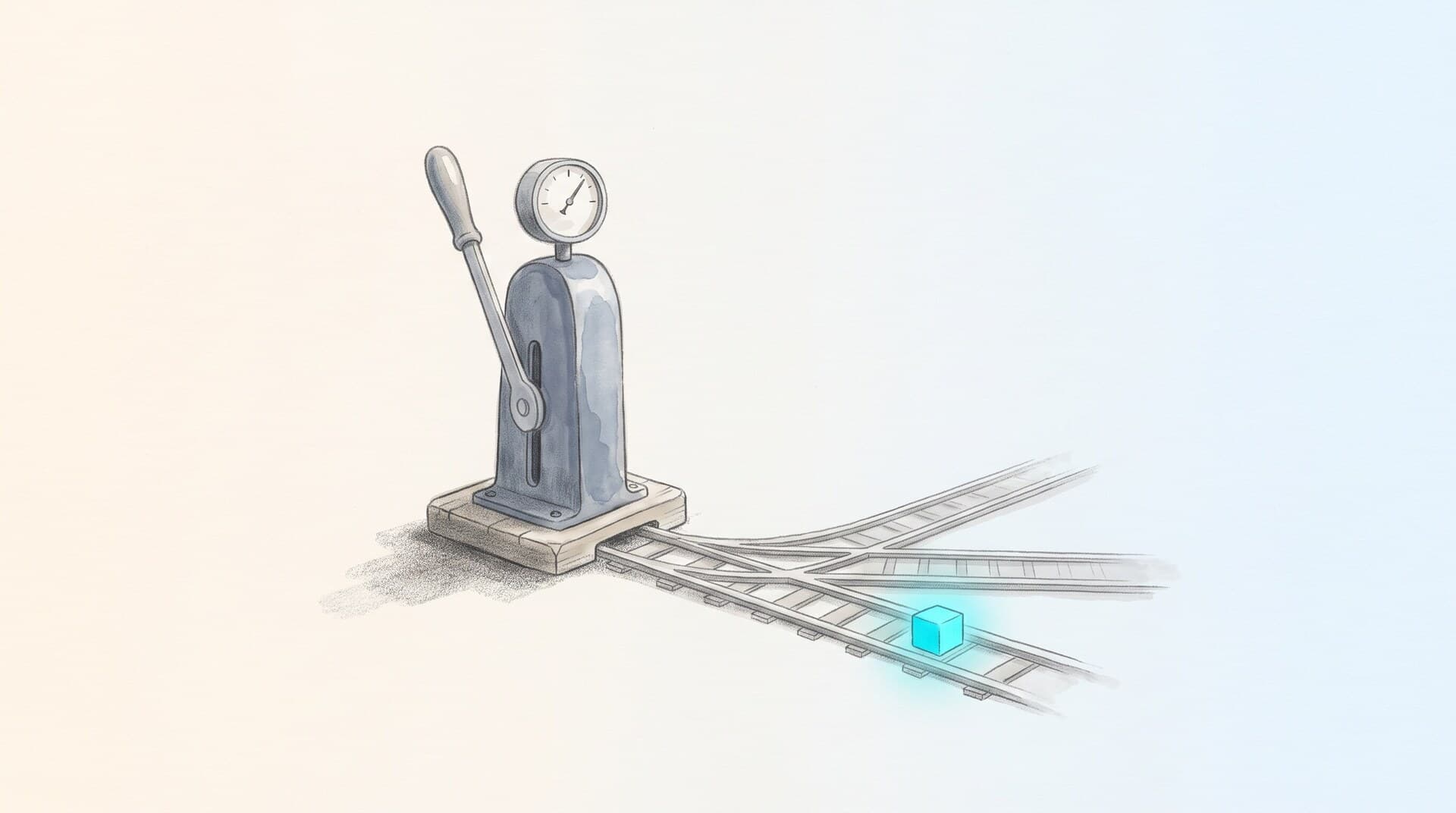 A pencil-drawn railway switch lever with a dial; the track splits in three and a small cyan cube rolls down the chosen one.